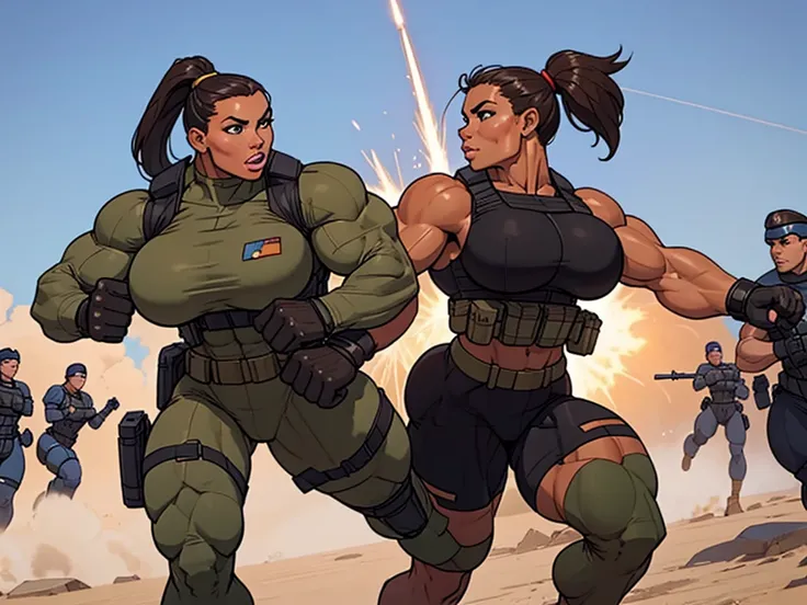 1girl, super soldier girl, coloured sketch, beautiful woman, ponytail hair, extremely tanned, wearing special forces military suit, tactical vest, strong well defined muscle, bulky powerful bodybuilder physique, great muscle definition, perfect muscular bo...