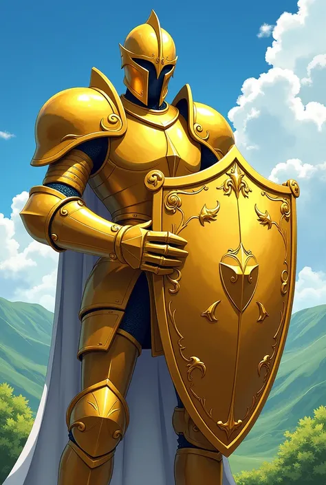 A knight in Golden armor with big shield, in defense pose, please made it in Anime style 