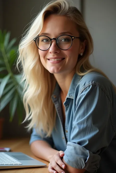 Blonde 30 year old round ish glasses tall desk computer portrait