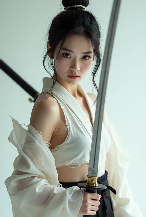 Highest quality, Realistic, Very detailed, finely, High resolution, 8k、Beautiful Japanese Ninja、with double teeth、A face with dimples、Delicate eyes、Facing forward、looking at the camera、White translucent torn clothes、Holding a Japanese sword