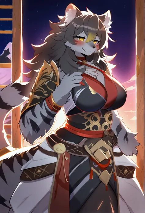 (top quality, best quality, High-quality illustrations, masterpiece, 16k, 1080p, uploaded on e621)(kemono, furry, anthro, alone), round, 1 female, hot mother figure, very detailed body face and eyes, dark tiger, Yao, (Sdorica), dark fur, fluff, big breasts...