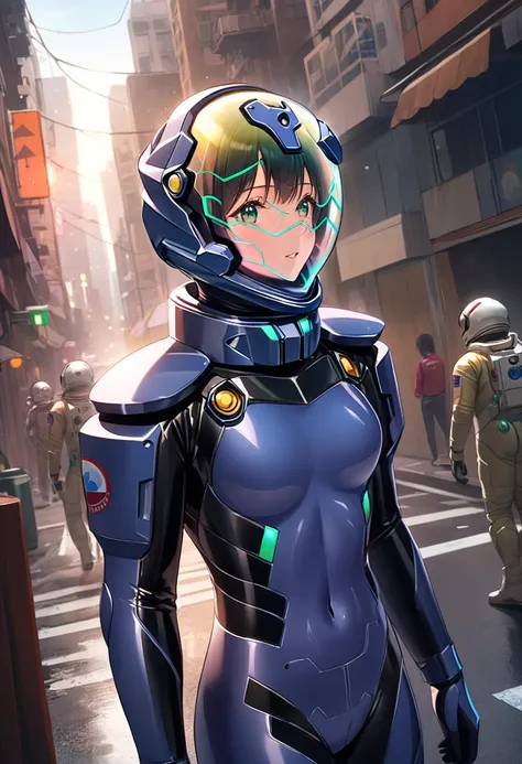 short hair, street, emo, black hair, white eyes, eyeliner, apocalypse, (astronaut, , road, city,  reinforced suit, ((green:1.5) ...