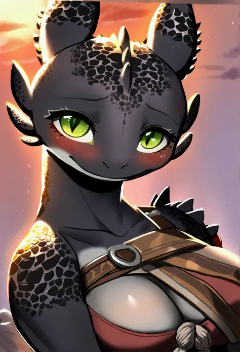 (top quality, best quality, High-quality illustrations, masterpiece, 16k, 1080p, uploaded on e621)(kemono, furry, anthro, alone), round, 1 female, hot mother figure, very detailed body face and eyes, dragon, Toothless, (How To Train Your Dragon), dark scal...