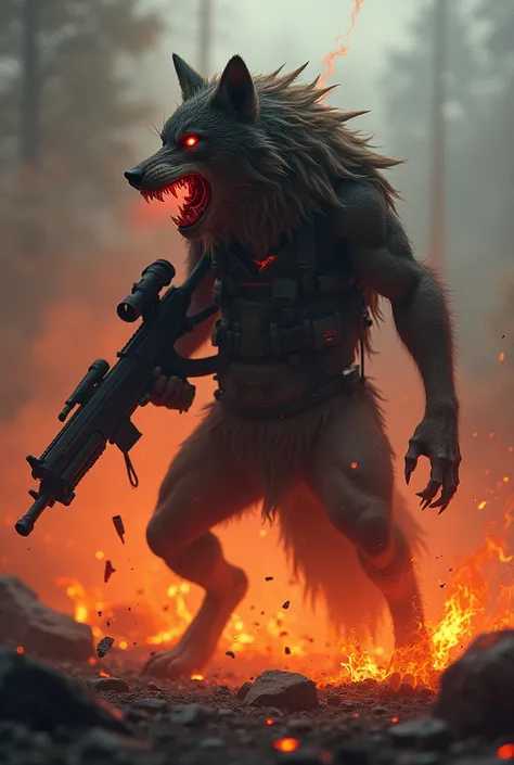 Evil wolf on fire with a machine gun and a shotgun