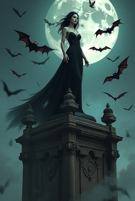 A vampire woman on top of a tomb with bats around her