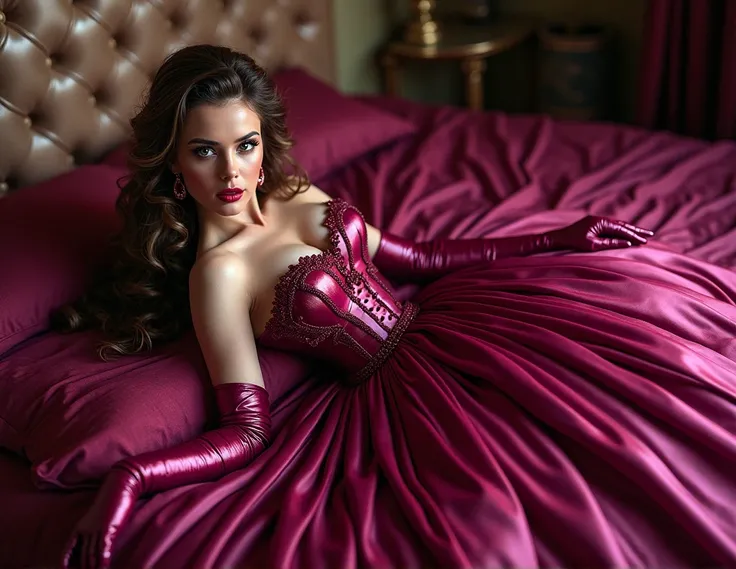 two hug Latex Princess, Wide victorian latex Princess magenta wedding gown, show titts, red lips, brown hair, Wide Petticoat, lying in bed, The whole dress touches the floor, overkneehigh latex boots, Latex gloves, Beautiful Long hair with ringlets, Pictur...