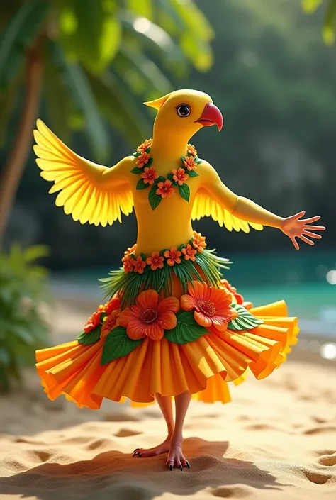 ((Highest quality)), ((masterpiece)), (detailed), (photograph), A female Yellow-collared Lovebird wearing a Hawaiian costume, muumuu, is dancing、photographのようなリアルな画像。