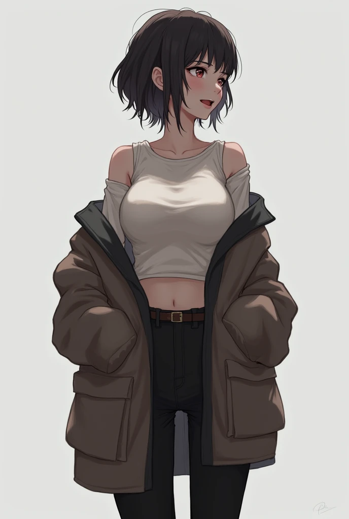 1 girl, solo, a high resolution, Breasts, short hair, Breasts, language, open mouth, oversized sweater, baggy pants, open chest, Unbuttoned jacket, Small T-shirt, tights