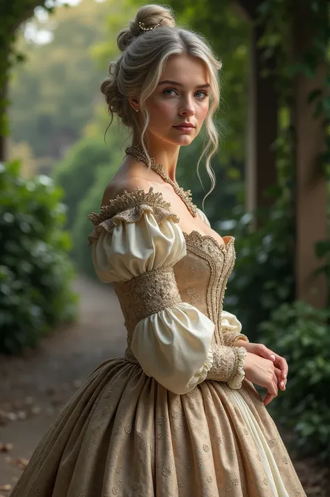 Draw me a woman 2 lived around 1850 was wealthy has blonde hair with grey streaks has purple eyes is very thin and very pretty and 160cm tall with tights and she should look more realistic whole body like a photo she should wear a beautiful dress in with l...