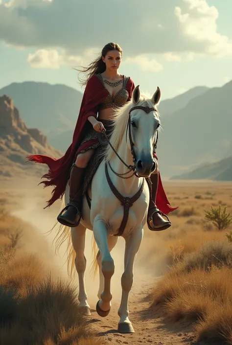 Masterpiece, Imagine a beautiful 1 female Amazon scythian warrior, fierce and fearless, mounted on a striking white horse, she embodies the essence of rebellion and resilience. She rides through the heart of a breathtakingly savage ancient Turkey landscape...