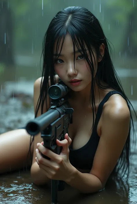 Chinese Beauty、Long straight black hair, wet from the rain, holding a sniper rifle in her hand, wearing a tight black skirt with a tube top and slits so her whole body is visible。
Sleeping on the ground, highlighting thighs and buttocks