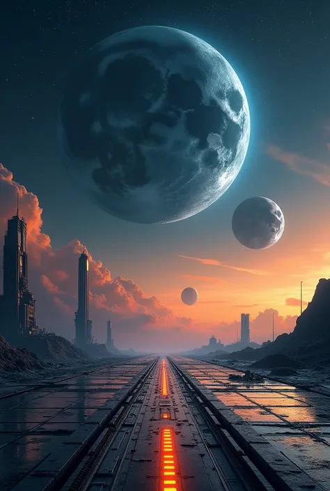 Realistic backdrop, navy blue, orange, night, cyber, vast space, landscape, dimensional sky, metal floor, technology land, space war., The sky has three very big moons., There are no people.