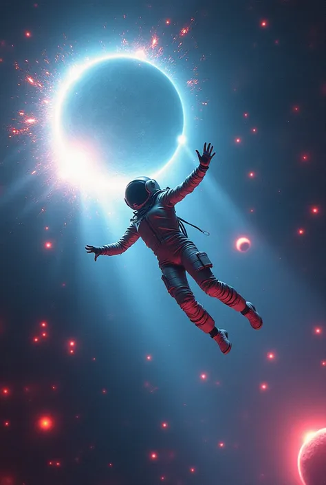 Woman fell from space to an electronic music concert and with the word sbagliato in the background, while a planet collides and lights begin to turn on 