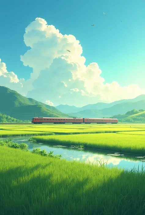 Summer day, rice field, train, youth, no people, fantastic, sun, clear blue sky