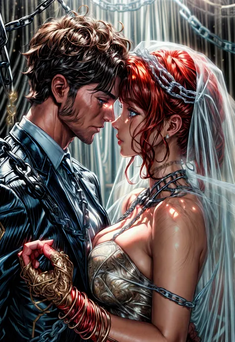oil painting comic art, Julie Bell art of a groom held by ((radiant chains: 1.2)), in his wedding day and his bride, a handsome groom, wearing suit and tie, BREAK AND a beautiful, sexy bride, busty bride, wearing white lace wedding dress, the chain holds t...