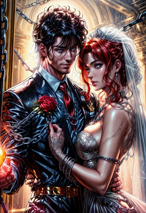 oil painting comic art, julie bell art of a groom held by ((radiant chains: 1.2)), in his wedding day and his bride, a handsome ...