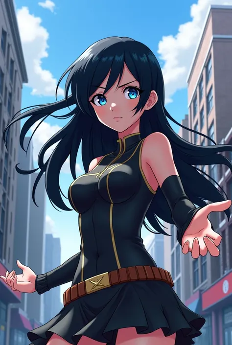 My hero academia girl with long black hair and blue eyes 