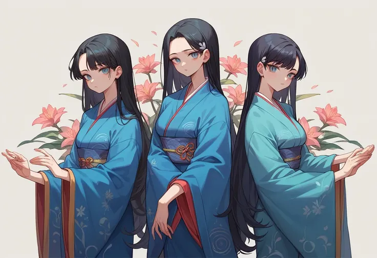 ((Highest quality)), ((masterpiece)), (whole body), 1 person,Adult women, Black Hair,long hair,Iris,Slit eyes,((Beauty)),Two arms,Blue kimono,Dolphin patterned kimono,Standing posture