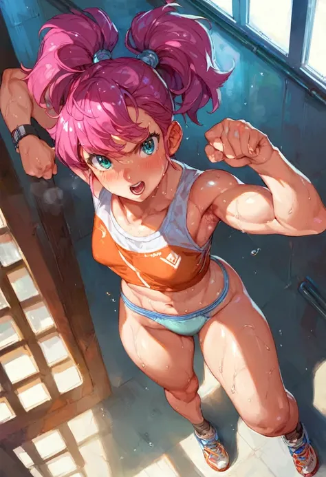 score_9_above, score_8_above, score_7_above, Meiko SHIRAKI, pink hair, Double ponytail hairstyle, misive is, sweaty, sweat drop,  is, Alone, Bermuda, thighs, dolphin Bermuda, inside, Best Quality, high quality, score_9_above, score_8_above, score_7_above, ...