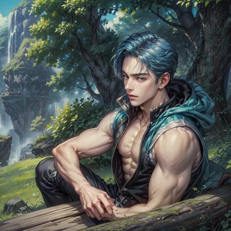 ((Best quality)), ((masterpiece)), (detailed), ((perfect face)), ((halfbody)) handsome face, male, teen boy,  perfect proportions , a character from anime groove adventure Rave, blue hair, male version , hiro mashima art, detailed ghibli forest background,...