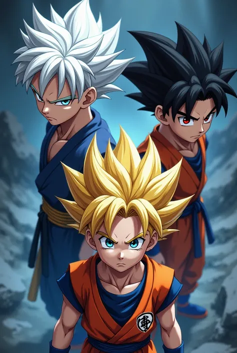 A triwo one white hair like gojo person boy with blue eye one yellow hair like goku boy one black hair with red eye