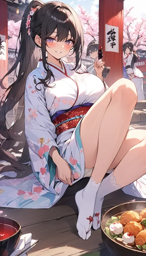 One Woman、beautiful girl、evening、kimono、Beautiful patterned kimono、ponytail、Waraji、School、Back of the school building、spring、cherry blossoms々、はためくcherry blossomsの花びら、Long Hair、Highest quality、Ultra HD、Black Hair、smile、8 heads、White tabi socks、Japanese Umbr...