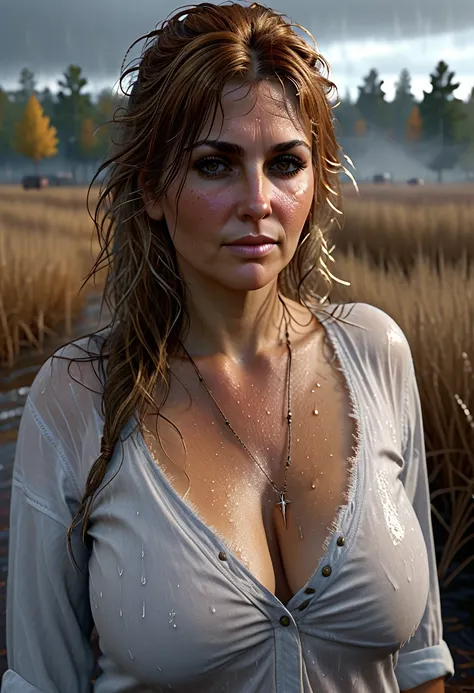 (Photorealistic:1.2), masterpiece, Best quality, 8k, highly detailed face and body, high resolution, Thick woman, ((white Caucasian 40 years old depraved milf)), no self esteem, walking outside, autumn, day time, cloudy, raining lightly, Mississippi, long ...