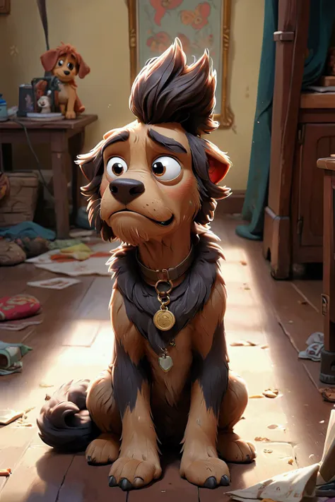 there is a dog cartoon charater in disney style that is sitting on the floor in the room, scruffy looking, looking straight to c...