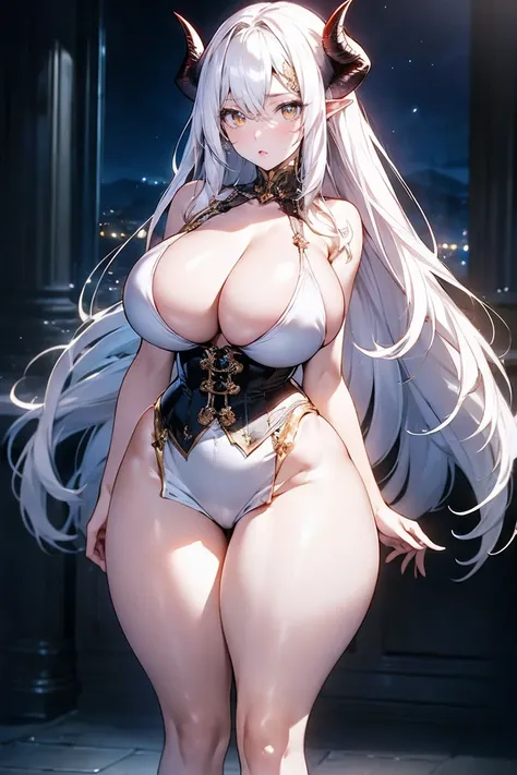 (masterpiece, best quality, perfect face, (beautiful and aesthetic:1.2), extremely detailed, highest detailed face), (beautiful girl, (long white hair:1.4), (vivid golden eyes:1.2), (pale skin:1.2), (black horns:1.2), pointy ears, (fake breasts:1.2), huge ...