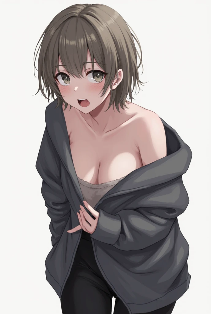 1 girl, solo, a high resolution, Breasts, short hair, Breasts, language, open mouth, oversized sweater, baggy pants, open chest, Unbuttoned jacket, , tights, No T-shirt