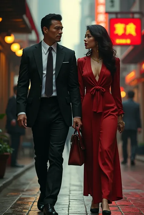 (1980s era:1.2), Triad gang leader, His mistress, Walking together, Gang meeting, Muscular leader, Well-dressed couple, (Tailored Italian suit for him:1.4), (Luxury designer clothing for her:1.5), (Hong Kong underworld:1.3), (Dangerous allure:1.2), (Comman...