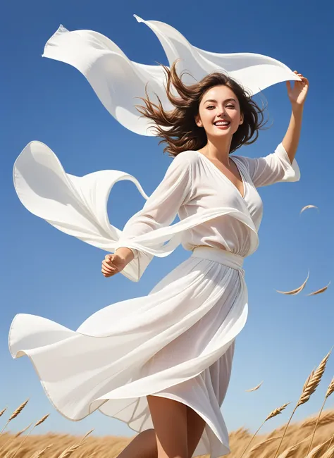 illustration of a white cloth waving in the wind, with a photo of a woman&#39;s face, contour lines, vectorial,