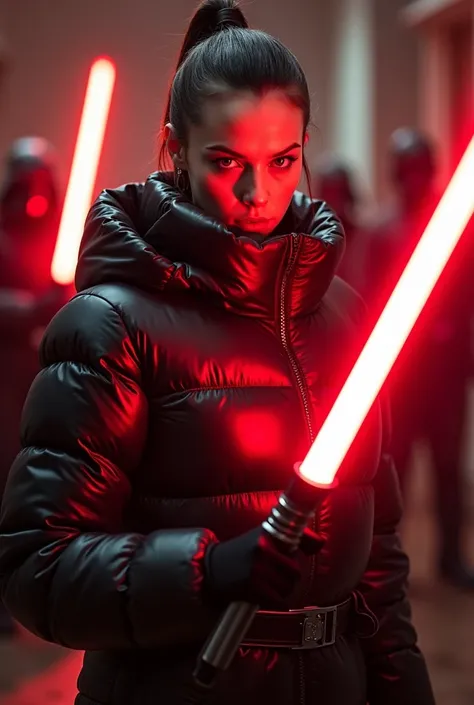  a slim ponytail  angry sith wielding her bright lightsaber, she is standing in room full of jedi,beautiful detailed bright red-colored eyes,beautiful freckles,beautiful detailed lips,extremely detailed eyes and face,longeyelashes, wearing beautiful detail...