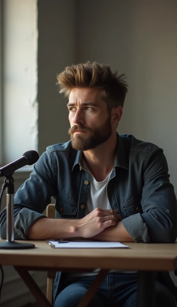 A 20-something man is sitting on a chair, and theres a table in front of him - and theres a mic on the table, and he has a beard.