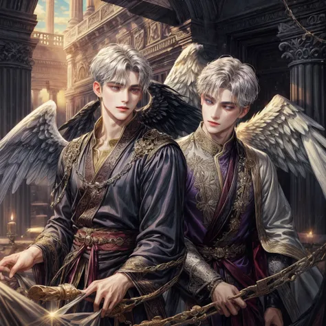 A man with dark medium hair, dark purple eyes, , have a dark wings, wear an ancient clothes, and wear a dark halo

And another man with blonde short hair, silver eyes long lashes, have angels wings, wear an ancient clothes and wear a angels halo

