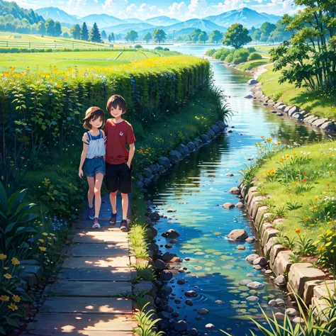 Older country girl and younger city boy, smile, summer vacation, countryside, stream