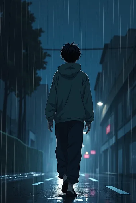 I want a anime boy wearing hoodie in rain it should be night there should be reflection of water his back should be visible he is walking he is wearing loose pants his neck is down 