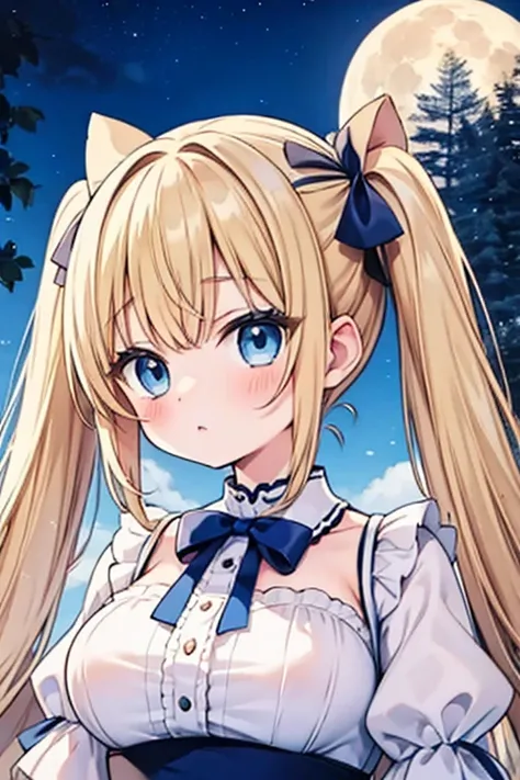 Blonde with blue eyes、Lolita、Large Breasts、Twin tails、Girl Brat,Large Breasts,Cute eyes,Puffy eyes,１Animal Pomeranian,Beauty under the moon,