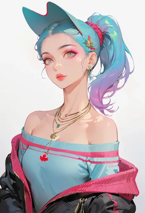 Illustrator, anime , Realistic ,sketch , 1 person, ,lip, Off-the-shoulder sweater, (((whole body))), order, Blue gradient background, Neon colored long ponytail hair,Texture Trim, Canadian, (masterpiece,Highest quality) cancer