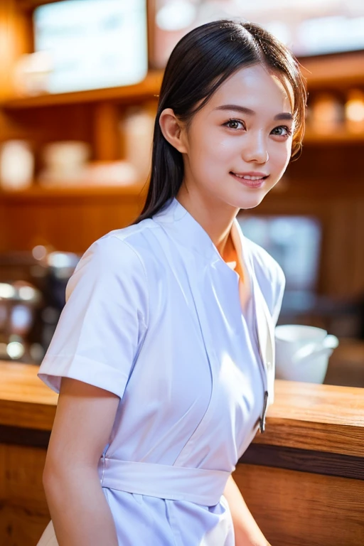 ((sfw: 1.4)),((detailed face, professional photography)), ((sfw, barista uniform,forehead, pulled back hair, 1 Girl)), smile, Ultra High Resolution, (Realistic: 1.4), RAW Photo, Best Quality, (Photorealistic Stick), Focus, Soft Light, ((20 years old)), ((J...