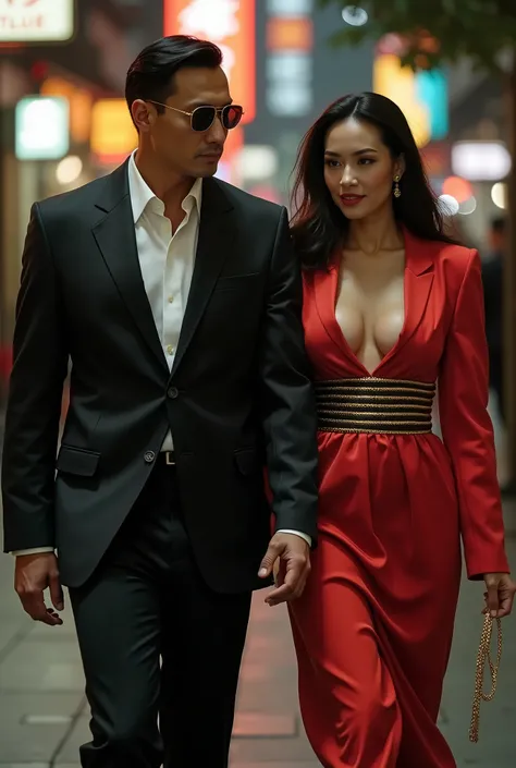 (1980s era:1.2), Triad gang leader, His mistress, Walking together, Gang meeting, Muscular leader, Well-dressed couple, (Tailored Italian suit for him:1.4), (Luxury designer clothing for her:1.5), (Hong Kong underworld:1.3), (Dangerous allure:1.2), (Comman...