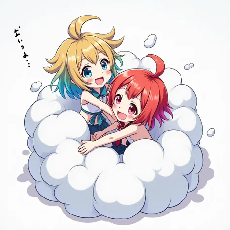 An anime-style illustration depicting idols playfully wrestling with each other inside a comical fight cloud.
each idol has different  colored hair.
their faces,hands,and feet are visible emerging from the cloud as they tussle humorously,  with the rest of...