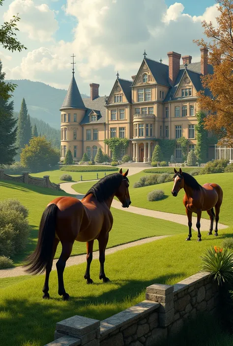 Create an image of a farm with horses, Royal style.