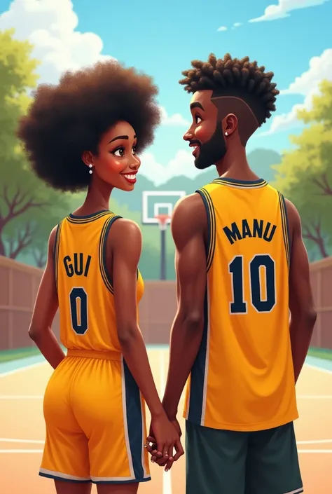 A brown couple holding hands with silver rings, the woman has black afro hair, is wearing a team jersey with the name "GUI" in back, she is shorter than the man and thin, she doesn&#39;t play.
The man has medium length twist hair, ele is wearing a team jer...