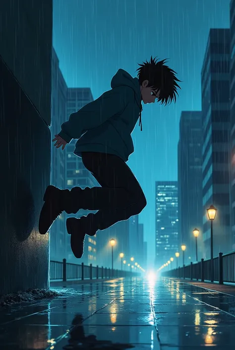 I want a anime boy wearing hoodie in rain it should be night there should be reflection of water his side should be visible he is jumping from a skyscraper he is wearing loose pants his neck is down 