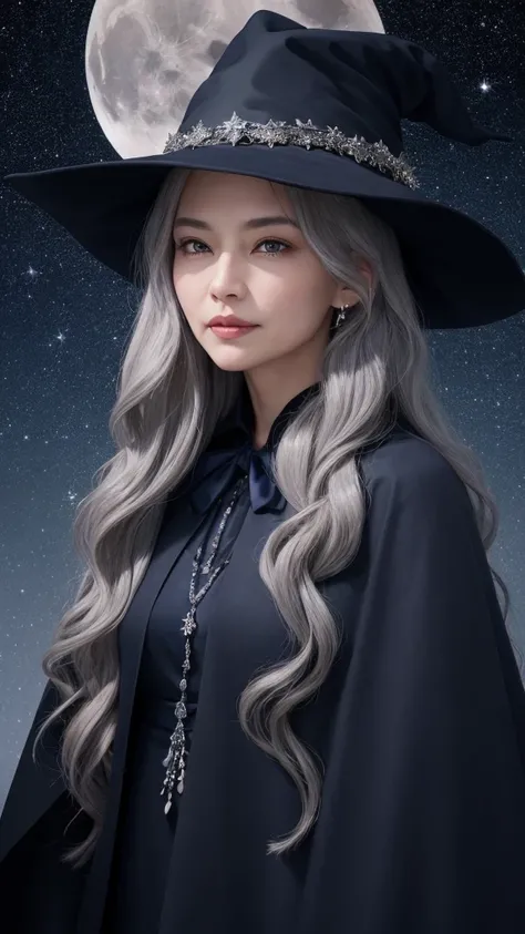 An old woman witch、Long wavy grey hair、with crystal、Face forward, looking directly at the viewer、Wearing a navy blue cape and hat、The background is a starry sky and the moon