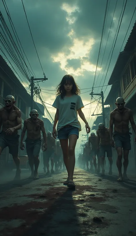 Create an intense scene inspired by a zombie apocalypse. In the foreground, a group of zombies moves toward the viewer. In the middle of the scene, a lone teenage girl stands, facing the approaching danger with determination. The background is a Thai-style...