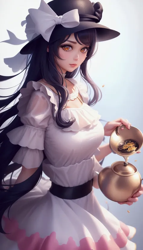 a close up of a woman in a hat and dress holding a tea cup, splash art anime , extremely detailed artgerm, cute anime waifu in a nice dress, ! dream artgerm, detailed digital anime art, , anime girl in a maid costume, kawaii realistic portrait, like artger...