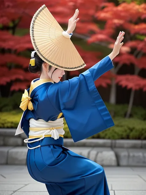 photo-realistic quality、a woman in a blue and yellow kimono is dancing the awa odori dance, traditional japanese, portrait shot,...