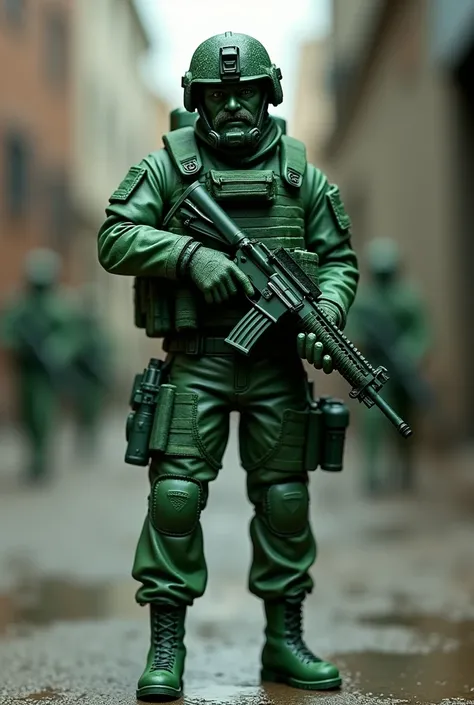 A modern special forces soldier as a green plastic army man figure